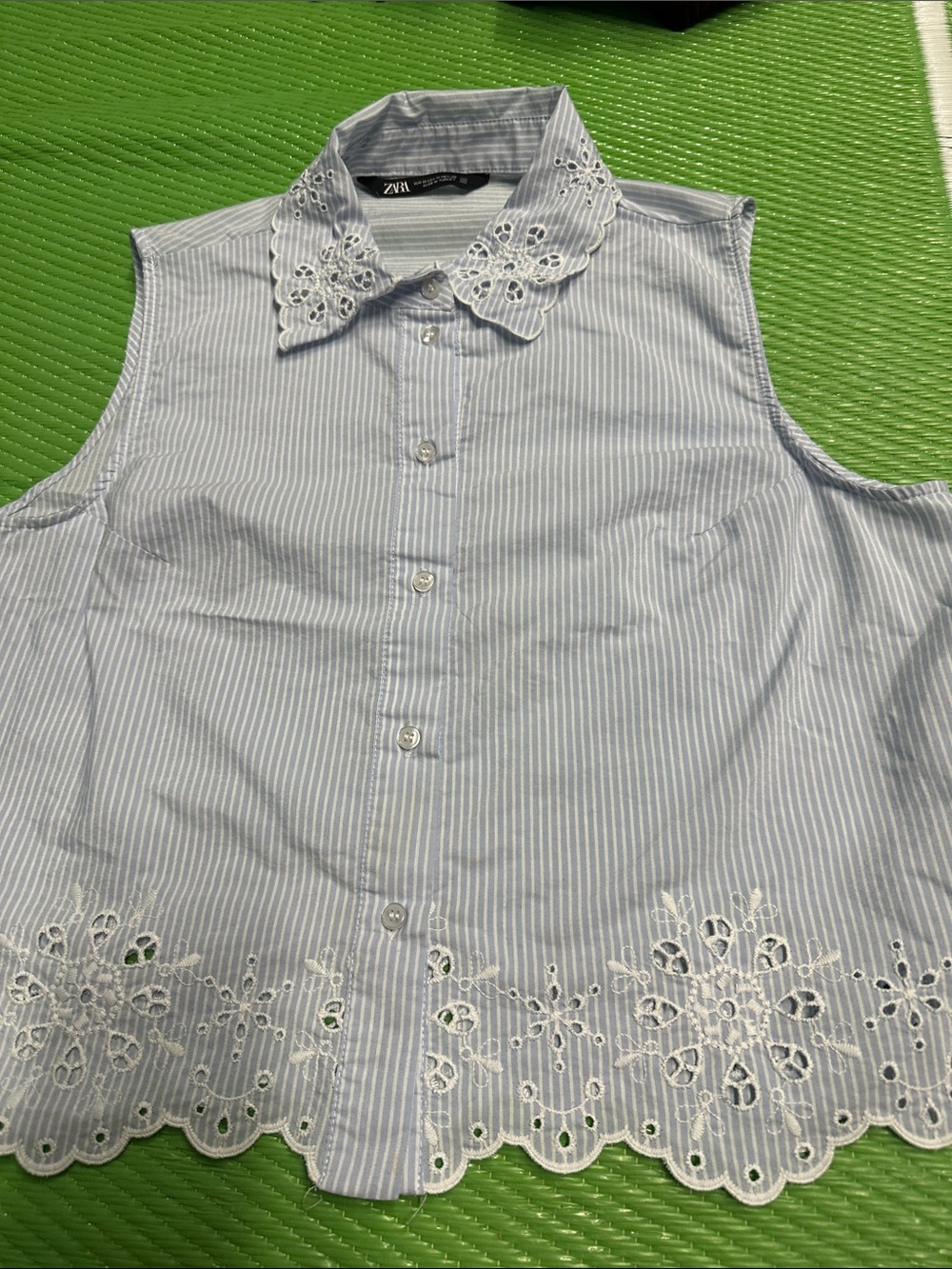 Zara Light Blue and White Striped Sleeveless Button-Up with Eyelet Collar